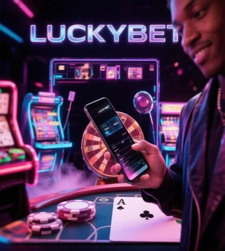 Player holding a phone with the LuckyBet login screen in a neon-lit casino